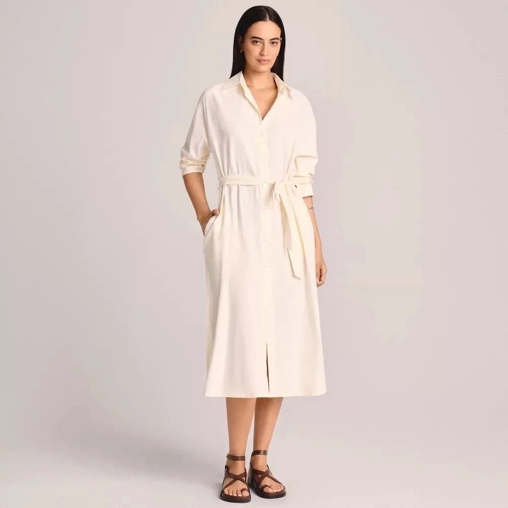 Vitamin A Women's Off-White Twill Midi Cover Up Dress with Belt Size XL NWT